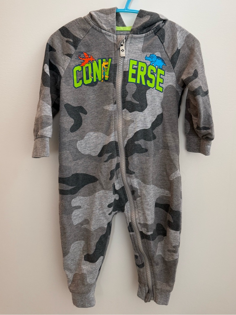 Converse Baby Boy One piece 12M Grey Camo Dinosaur Hooded Romper